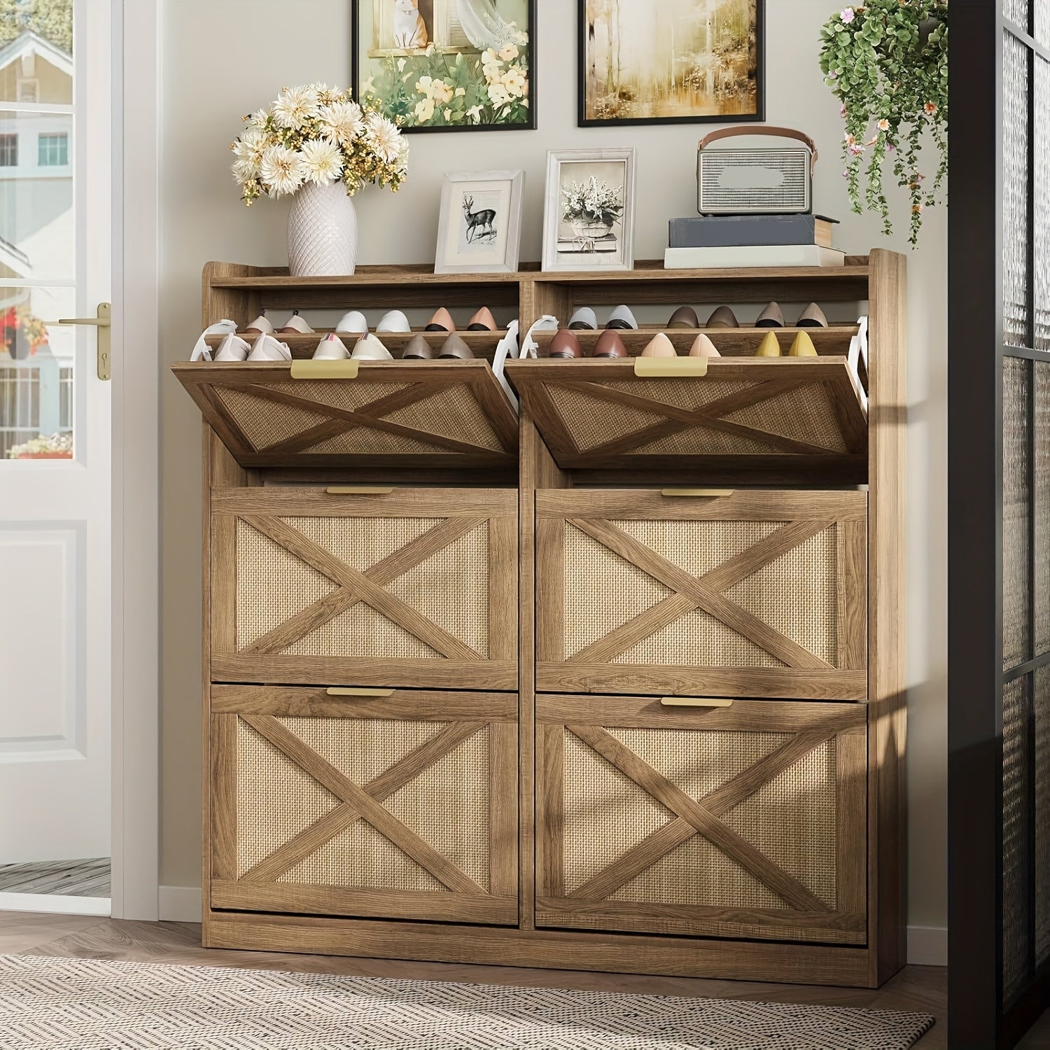 Washed Gray Shoe Storage Cabinet With 6 Flip Drawers - Narrow Freestanding Shoe Cabinet And Shoe Storage Organizer With Metal Handles For Entryway, Large Shoe Rack Organizer, Modern Farmhouse Shoe Rack, Ideal For Shoe Racks