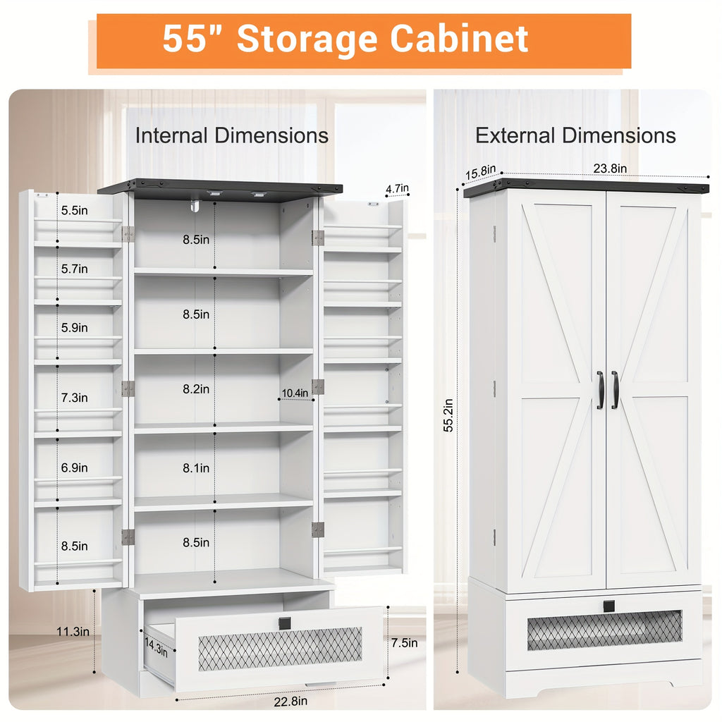 55'' Pantry Cabinet, Kitchen Pantry Storage Cabinet With Adjustable Shelves And Drawer, Wooden Kitchen Storage Cabinet, Buffet Cupboards Cabinet For Kitchen, Living Room, Bathroom, Dining Room, Storage Drawer Units