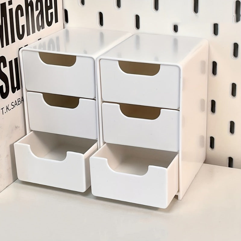 No-assembly desktop storage cabinet, stylish 3-tier white drawer organizer with round handles, suitable for office supplies, jewelry, and cosmetics. Lightweight and odor-free, a cute and practical desk organizer