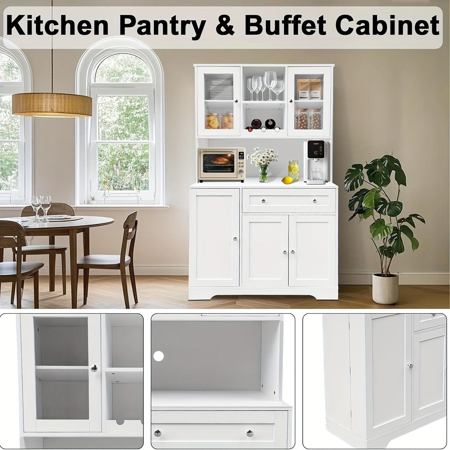 Modern Storage Cabinet GAOMON Modern Tall Cabinet with Doors, Drawers & Microwave Rack | 67.9 Inch Freestanding Food Storage Organizer with Open Storage Space for Living Room, Bedroom, Bathroom, Kitchen, Dining Room (White)