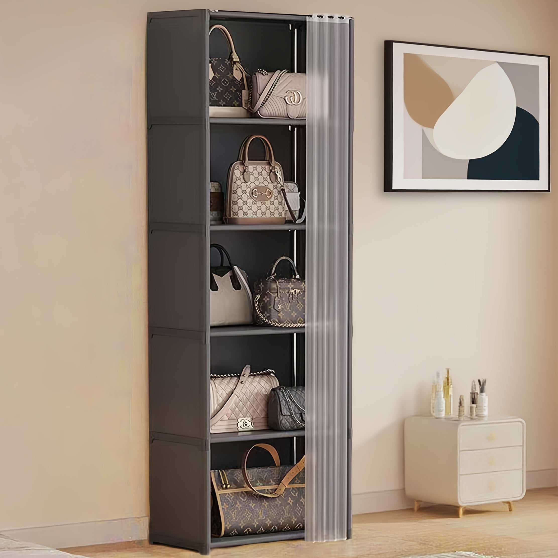 Multi-Layer Bag Storage Cabinet - Large Capacity Dustproof Organizer with Transparent Doors, No Assembly Required, Durable Plastic Freestanding Storage Unit for Home, Bedroom, Office - Space-Saving Vertical Design, White\u002FBlack, Bag Storage Organizer,