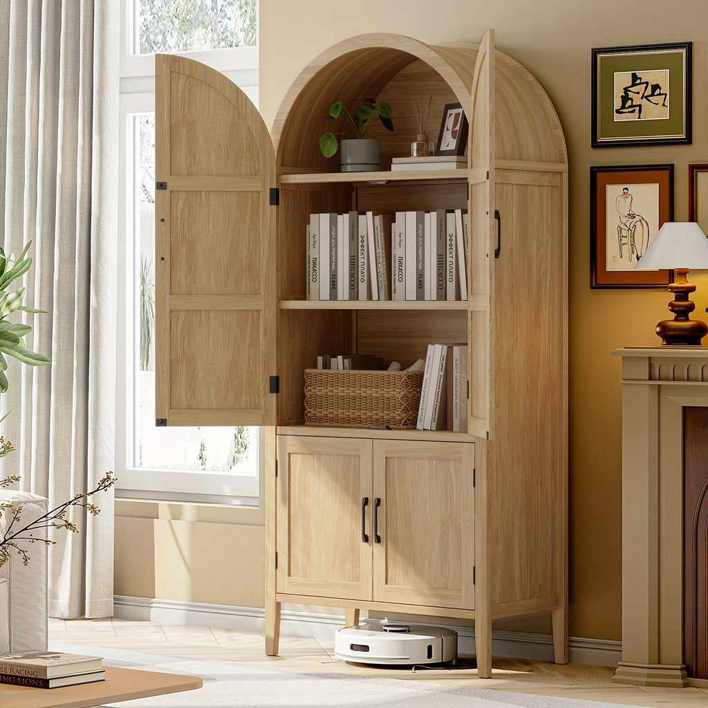 71 Inch Tall Arched Kitchen Pantry Cabinet, Modern Farmhouse Wooden Kitchen Storage Cabinet with Doors And Shelves with Adjustable Feet for Kitchen, Dining Room, Living Room, Oak, Black, Off-White, Kitchen Cabinets, Pantry Cabinet for Kitchen