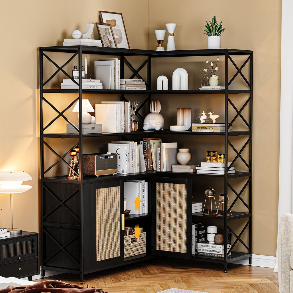 6-Shelf Corner Bookshelf, L-Shaped Space-Saving Bookcase with 2 Rattan Doors & Adjustable Shelves - Solid, Freestanding Corner Cabinet for Living Room, Bedroom, Home Office - Easy Assembly ( Wood Tone)