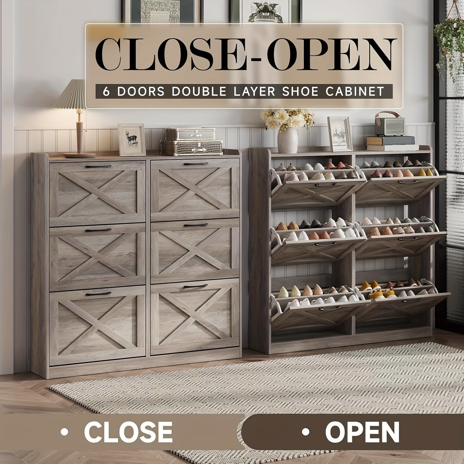 Washed Gray Shoe Storage Cabinet With 6 Flip Drawers - Narrow Freestanding Shoe Cabinet And Shoe Storage Organizer With Metal Handles For Entryway, Large Shoe Rack Organizer, Modern Farmhouse Shoe Rack, Ideal For Shoe Racks