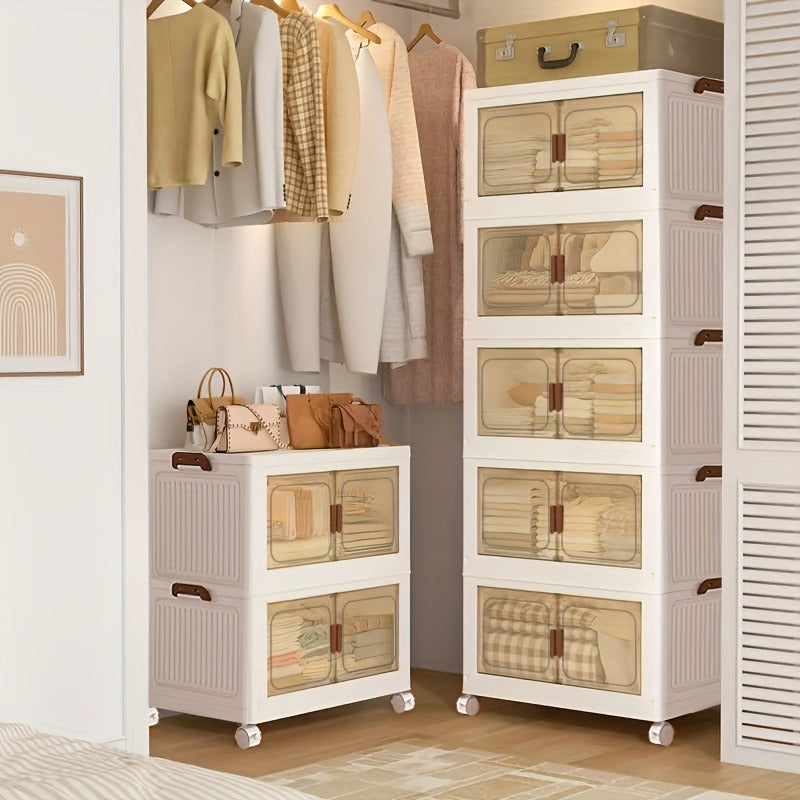 1\u002F2\u002F3\u002F4\u002F5\u002F6-Tier Extra Large Collapsible Storage Cabinet with Locking Doors - Heavy-Duty PVC Plastic Stackable Organizer System with 4-Wheel Mobility, Foldable Design & Front Panels for Closet, Bedroom, Office, Kitchen - Space-Sav