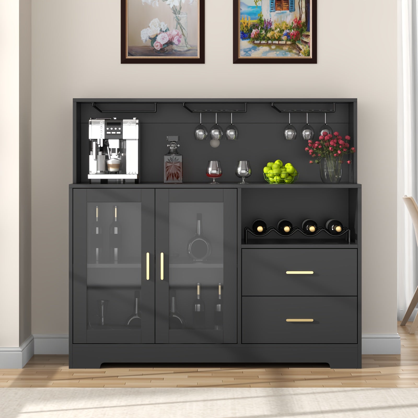 Storage Cabinet with Wine Rack, Buffet Cabinet with Glass Holders, Coffee Bar Cabinet, Home Bar Cabinet, Wine Bar Cabinet Kitchen Buffet Sideboard with Adjustable Storage Shelves, Freestanding Liquor Cabinet for Living Room, Dining Room