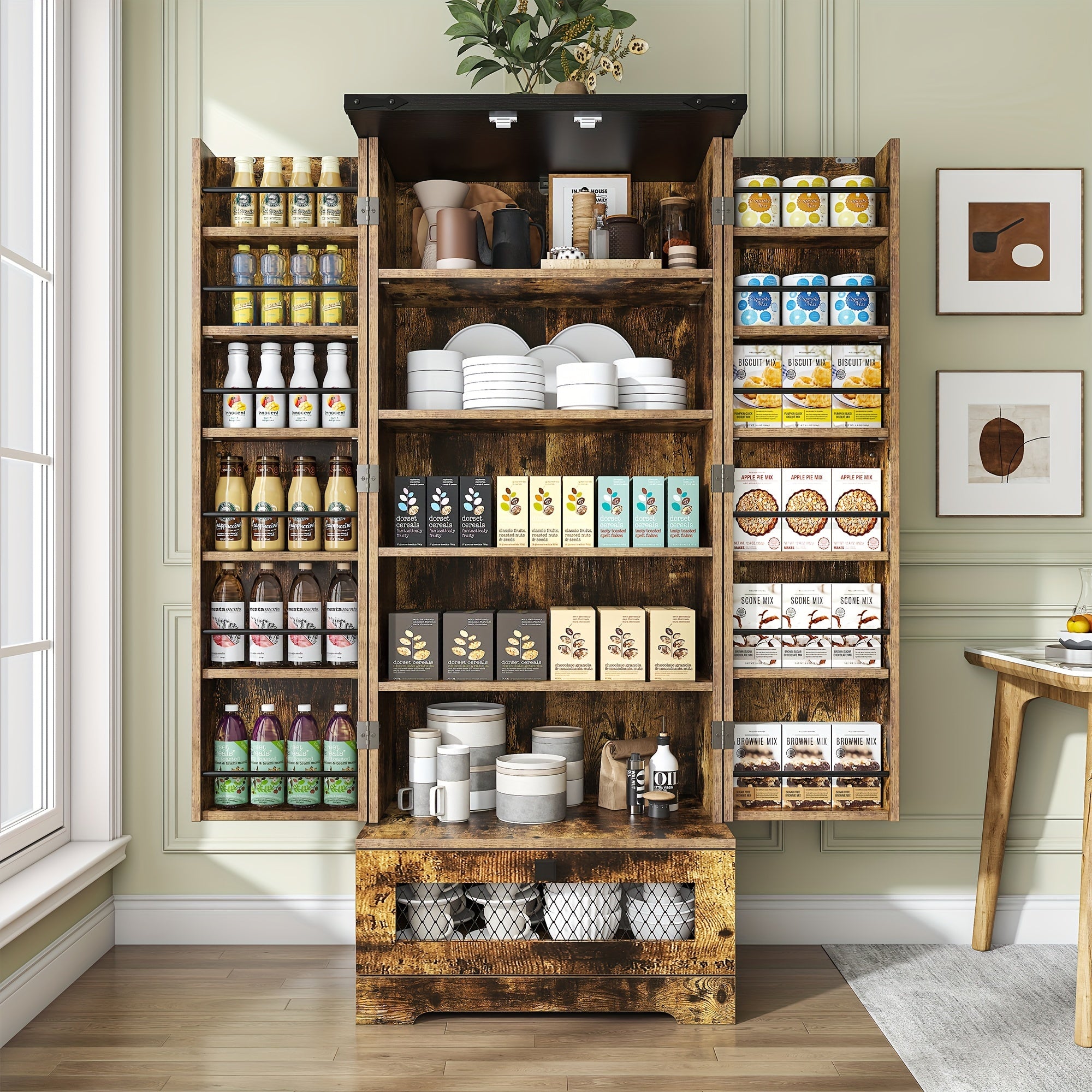 55'' Pantry Cabinet, Kitchen Pantry Storage Cabinet With Adjustable Shelves And Drawer, Wooden Kitchen Storage Cabinet, Buffet Cupboards Cabinet For Kitchen, Living Room, Bathroom, Dining Room, Storage Drawer Units