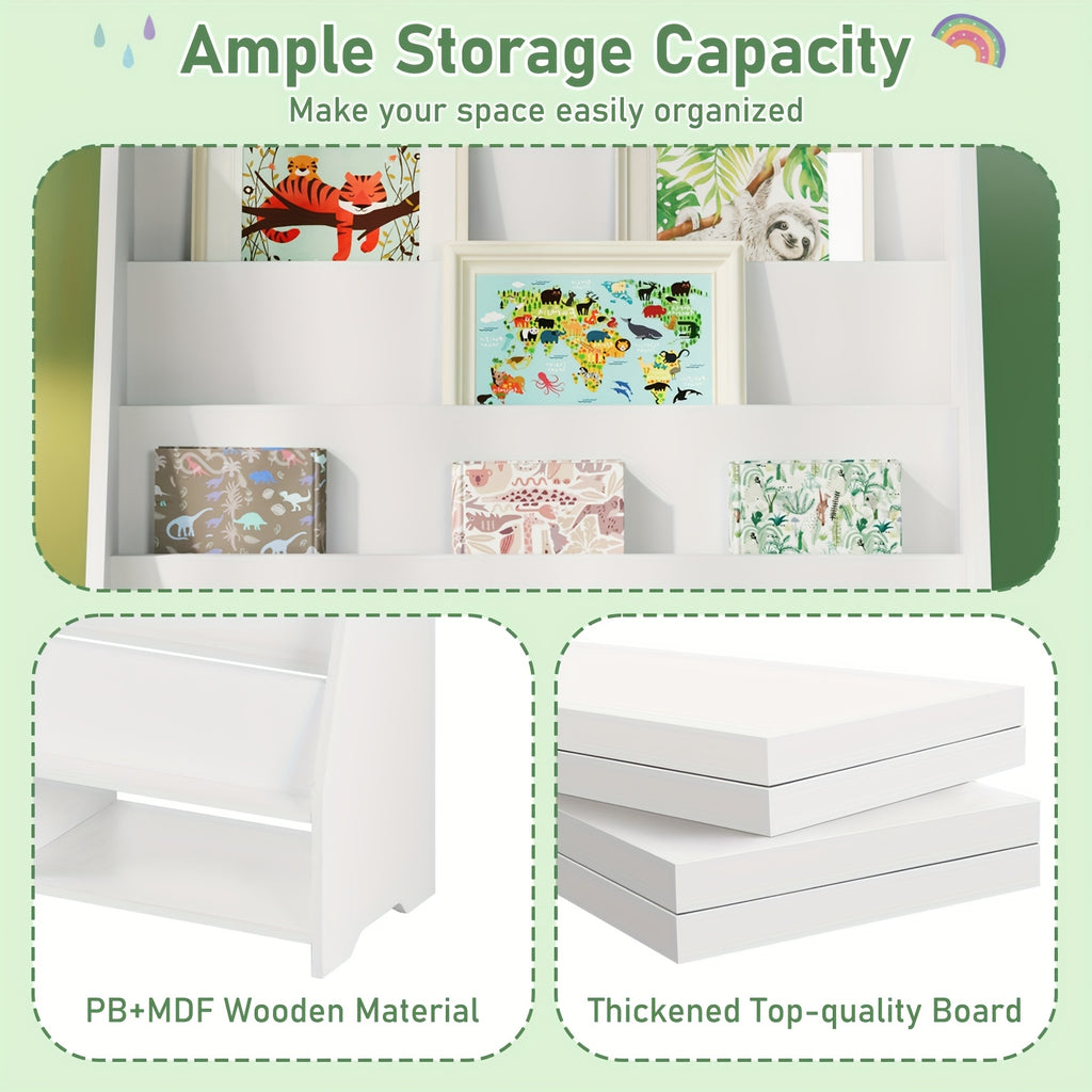 A Six-Tier Wooden Bookshelf with Storage Cabinets, Suitable for Displaying Toys And Books in Rooms, Nurseries, Playrooms, And Classrooms, in White., Classroom Storage | Minimalist Bookshelf | Metal Construction