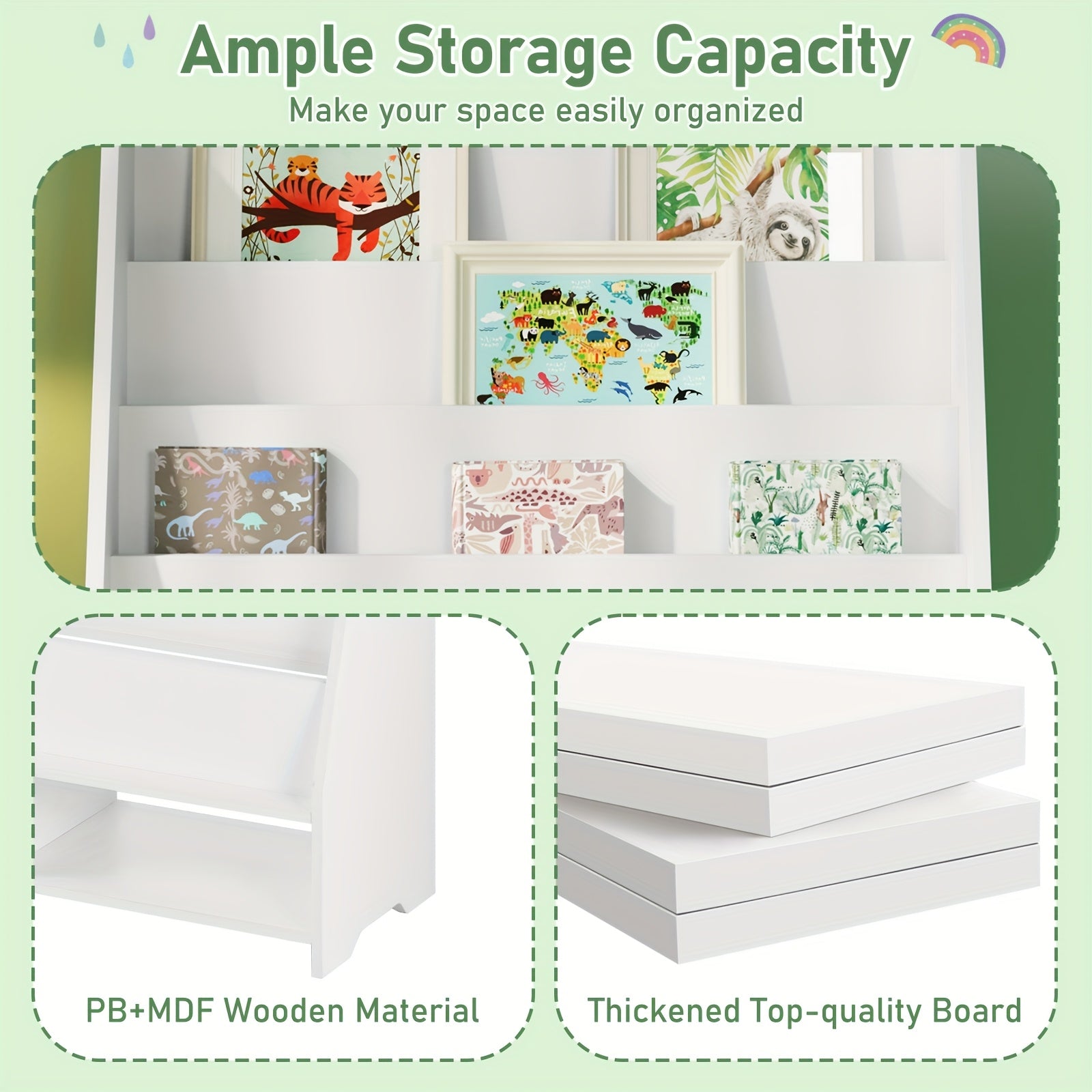 A Six-Tier Wooden Bookshelf with Storage Cabinets, Suitable for Displaying Toys And Books in Rooms, Nurseries, Playrooms, And Classrooms, in White., Classroom Storage | Minimalist Bookshelf | Metal Construction