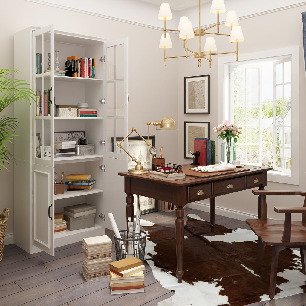 Elegant Bookcase Bookshelf Storage Cabinet with Glass Doors, Large Display Cabinet with Multi Layer Storage Shelves for Living Room And Office, Large Storage Space, White