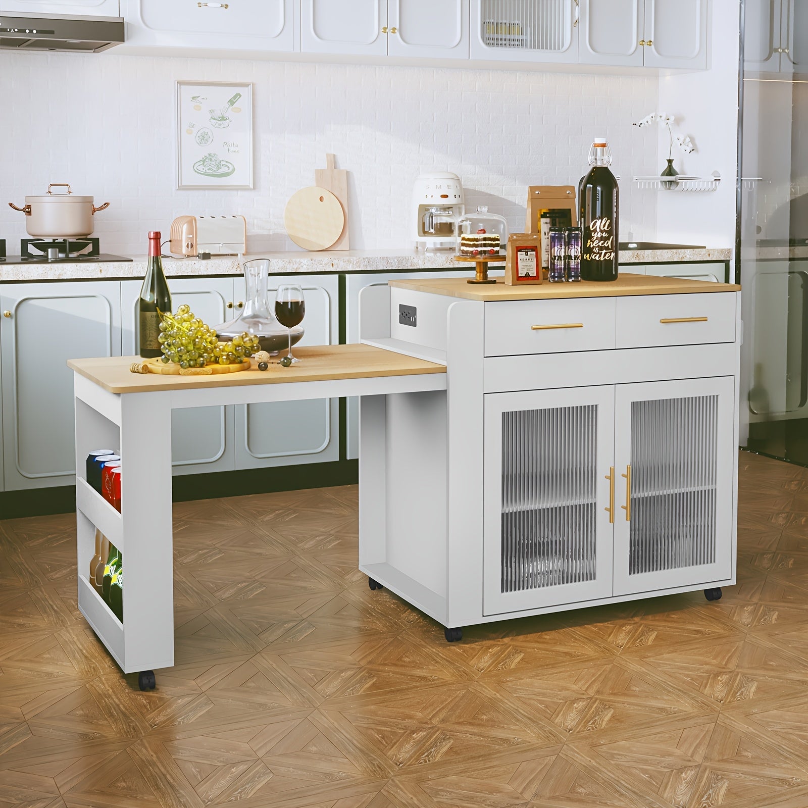 HLR Rolling Kitchen Island Cart On Wheels With Storage Cabinet And 2 Drawers, Kitchen Island With Extendable Dining Table, Marble Grain Top Kitchen Island, Island Table For Kitchen