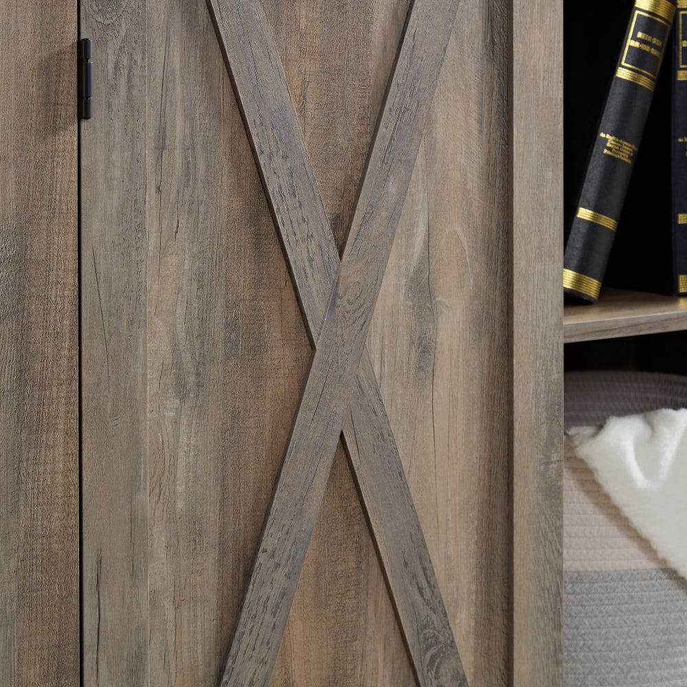 Large Rustic Farmhouse Tall Storage Cabinet with Barn Door - Solid Wood, Adjustable Shelves & X-Design Doors, Gray Wash White Oak Pantry Cupboard, 39.37\