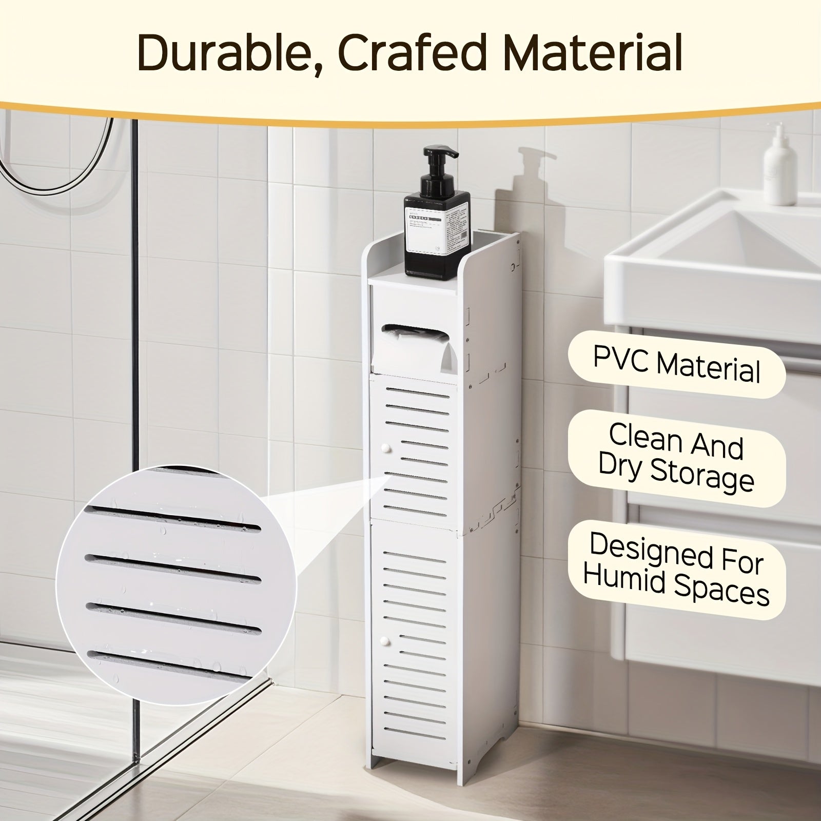 Small Bathroom Storage Cabinet, Slim & Crafed PVC Organizer, Ideal for Tight Spaces, Easy to Assemble & Durable, Multi-purpose Toilet Paper Holder Cabinet for Bathroom, Bedroom & Living Room, Toilet Paper Storage Containers