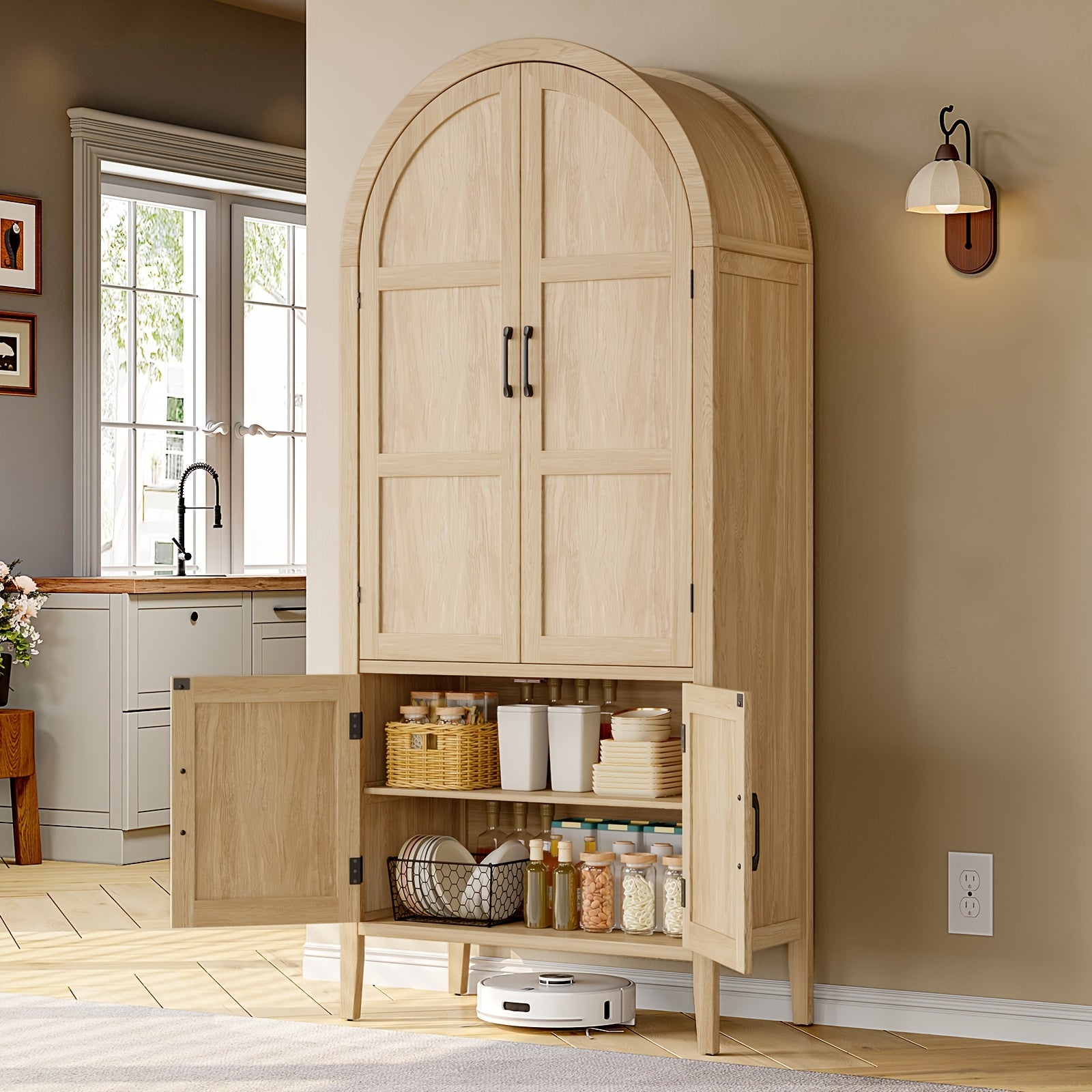 71 Inch Tall Arched Kitchen Pantry Cabinet, Modern Farmhouse Wooden Kitchen Storage Cabinet with Doors And Shelves with Adjustable Feet for Kitchen, Dining Room, Living Room, Oak, Black, Off-White, Kitchen Cabinets, Pantry Cabinet for Kitchen