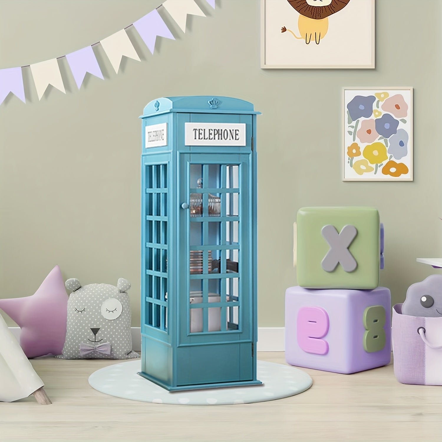 Telephone Booth Bookshelf 5-Tier Wood Cd Storage Cabinet, Floor Standing Bookcase With Acrylic Door, Storage Cabinet Cube Organizer Display Cabinet, 44.5\