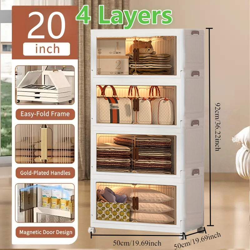 1\u002F2\u002F3\u002F4\u002F5\u002F6-Tier Extra Large Collapsible Storage Cabinet with Locking Doors - Heavy-Duty PVC Plastic Stackable Organizer System with 4-Wheel Mobility, Foldable Design & Front Panels for Closet, Bedroom, Office, Kitchen - Space-Sav