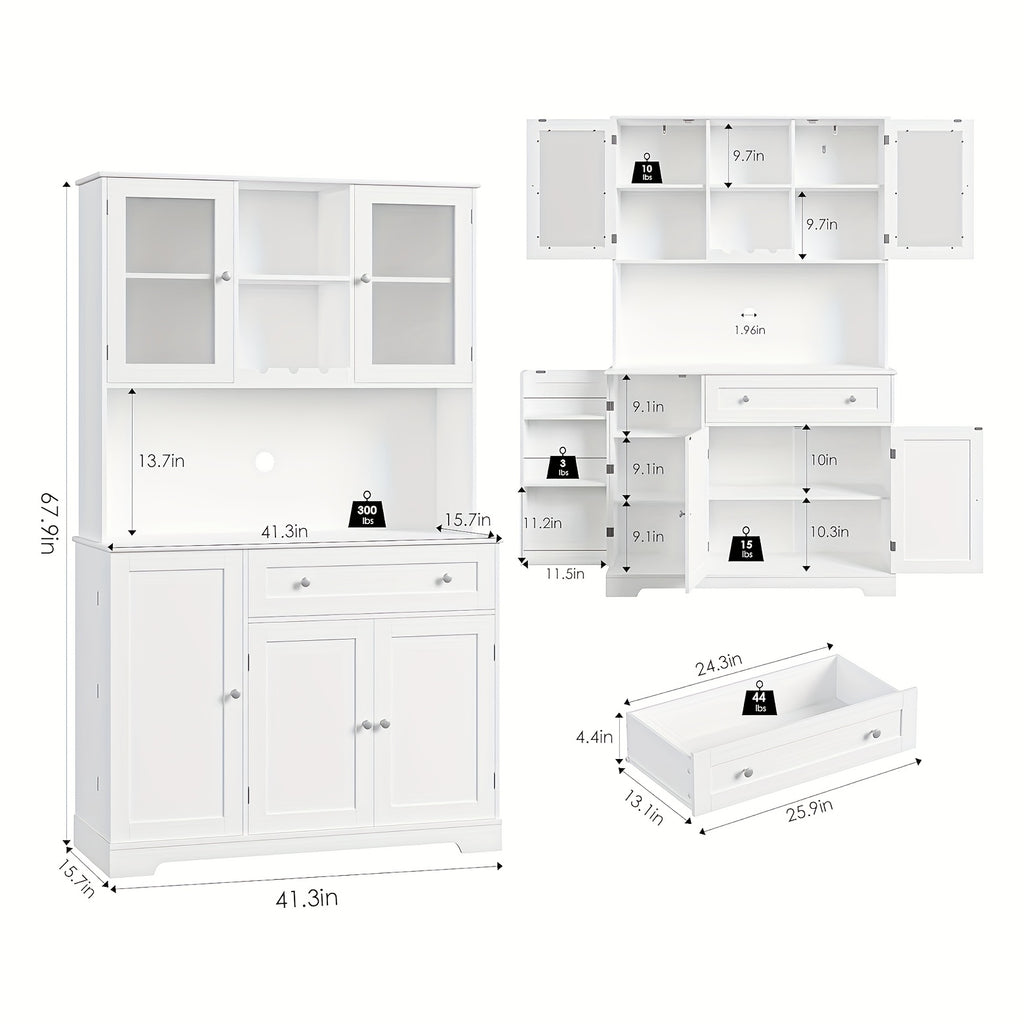 Modern Storage Cabinet GAOMON Modern Tall Cabinet with Doors, Drawers & Microwave Rack | 67.9 Inch Freestanding Food Storage Organizer with Open Storage Space for Living Room, Bedroom, Bathroom, Kitchen, Dining Room (White)