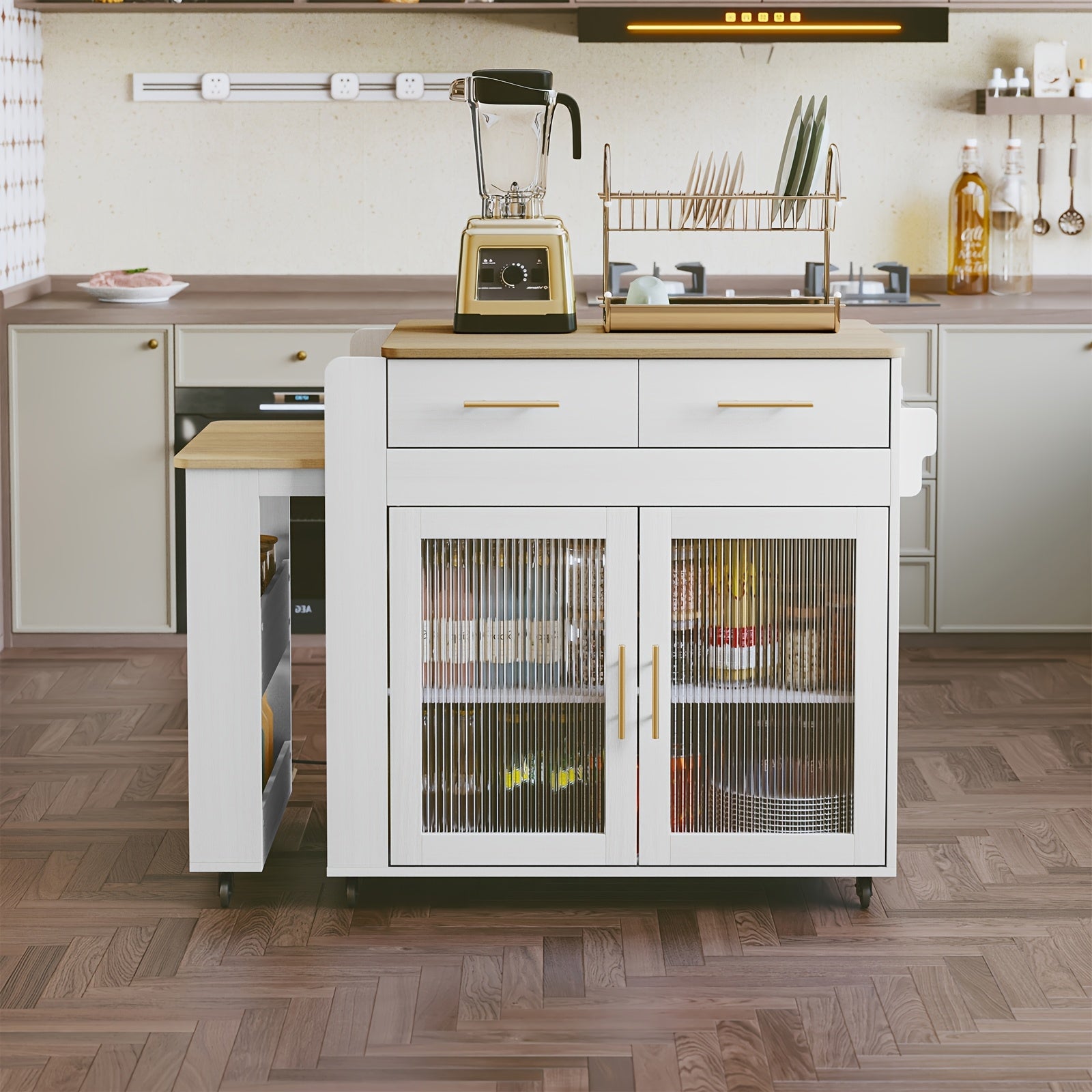 HLR Rolling Kitchen Island Cart On Wheels With Storage Cabinet And 2 Drawers, Kitchen Island With Extendable Dining Table, Marble Grain Top Kitchen Island, Island Table For Kitchen