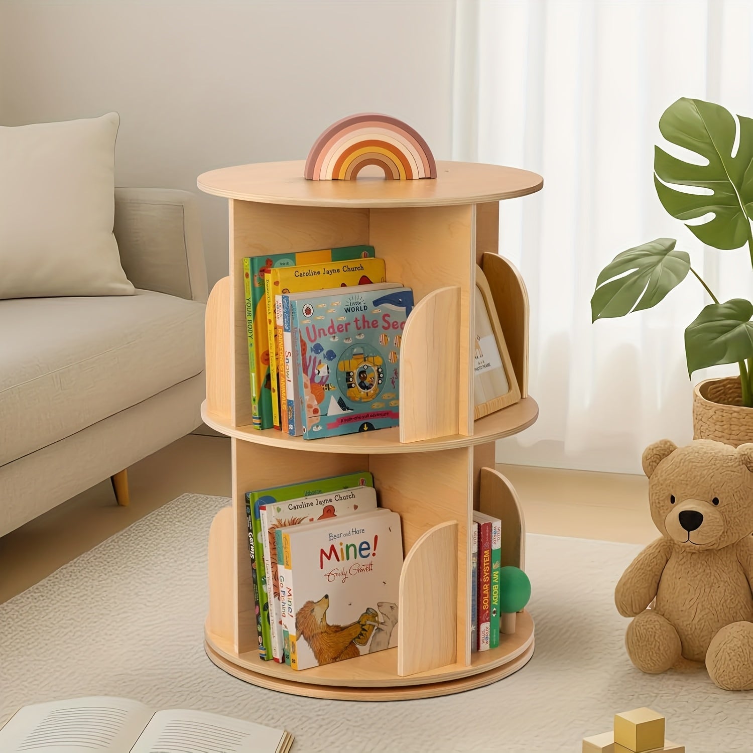 Kids Rotating Bookshelf Tower with 360° Spin, Large Floor-Standing Bookcase with Corner Shelf for Nursery, Room, Small Spaces - Easy Assembly, Wood Color, Plywood\u002FPine\u002FMDF, - Rounded Edges