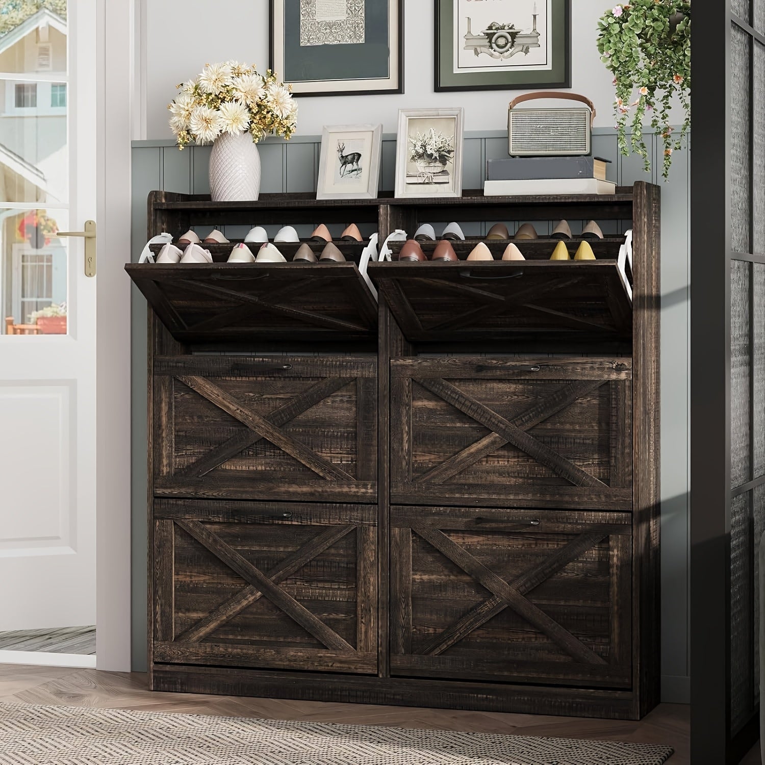 Washed Gray Shoe Storage Cabinet With 6 Flip Drawers - Narrow Freestanding Shoe Cabinet And Shoe Storage Organizer With Metal Handles For Entryway, Large Shoe Rack Organizer, Modern Farmhouse Shoe Rack, Ideal For Shoe Racks