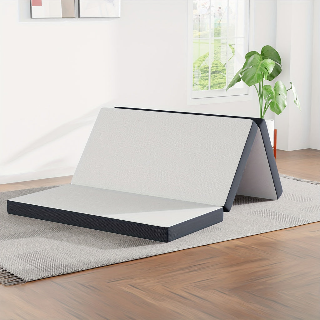 4 Inch Tri Fold Folding Mattress Memory Foam Mattress Topper Portable Foldable Mattress Topper For Camping, Guest, Floor RV, CertiPUR-US Certified, With Washable Cover, Easy Storage