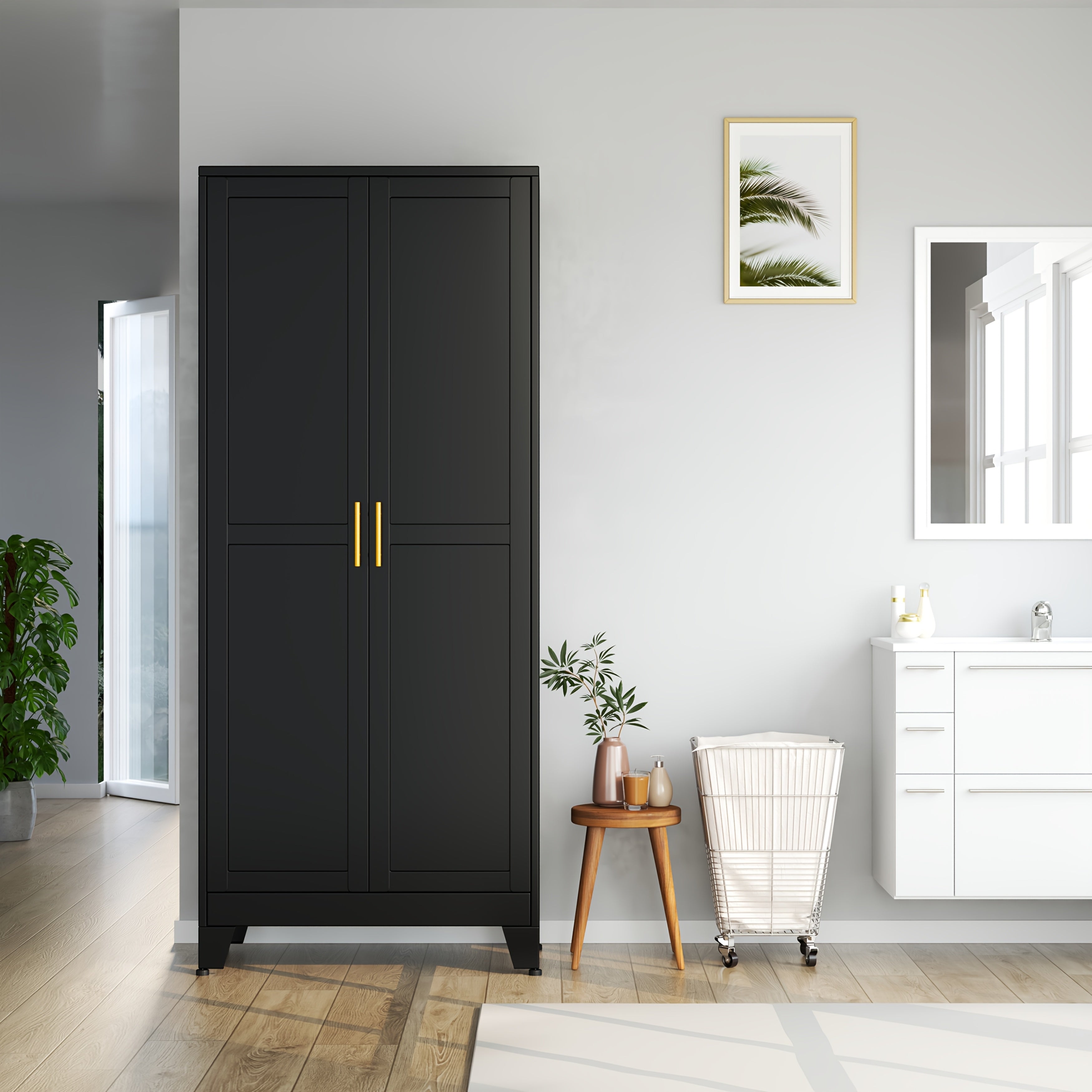 Mxa Pantry Cabinet with Adjustable Shelves, Two Doors Kitchen Metal Storage Cabinet with Golden Handle, Kitchen Pantry Cabinets Storage with Storage Space for Living Room, Bedroom, Kitchen, Dining Room and Home Office, Kitchen Pantry Cabinet, Kitchen Pant