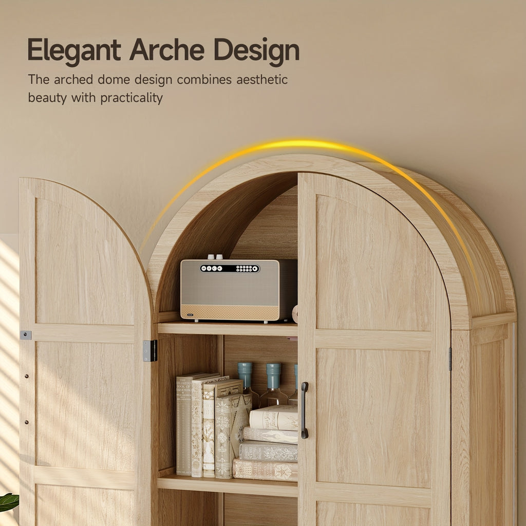 71 Inch Tall Arched Kitchen Pantry Cabinet, Modern Farmhouse Wooden Kitchen Storage Cabinet with Doors And Shelves with Adjustable Feet for Kitchen, Dining Room, Living Room, Oak, Black, Off-White, Kitchen Cabinets, Pantry Cabinet for Kitchen