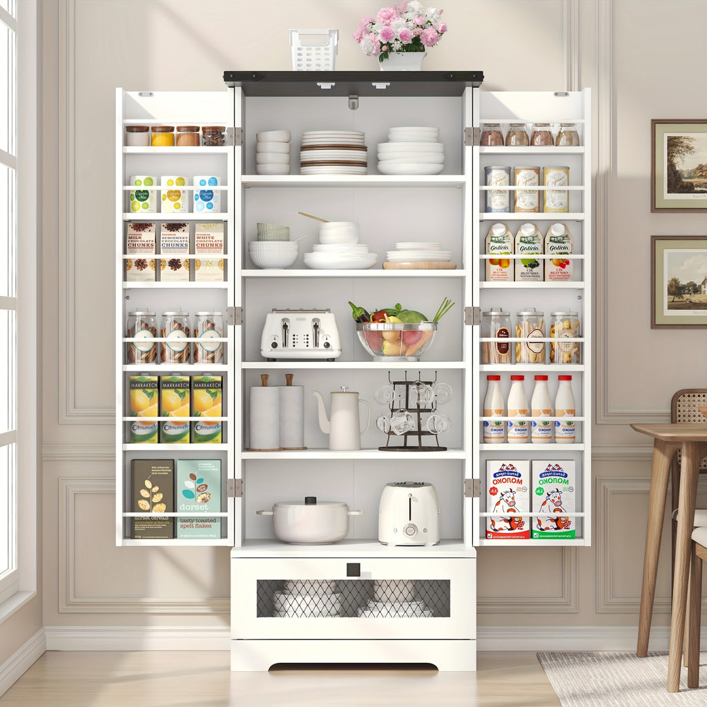 55'' Pantry Cabinet, Kitchen Pantry Storage Cabinet With Adjustable Shelves And Drawer, Wooden Kitchen Storage Cabinet, Buffet Cupboards Cabinet For Kitchen, Living Room, Bathroom, Dining Room, Storage Drawer Units