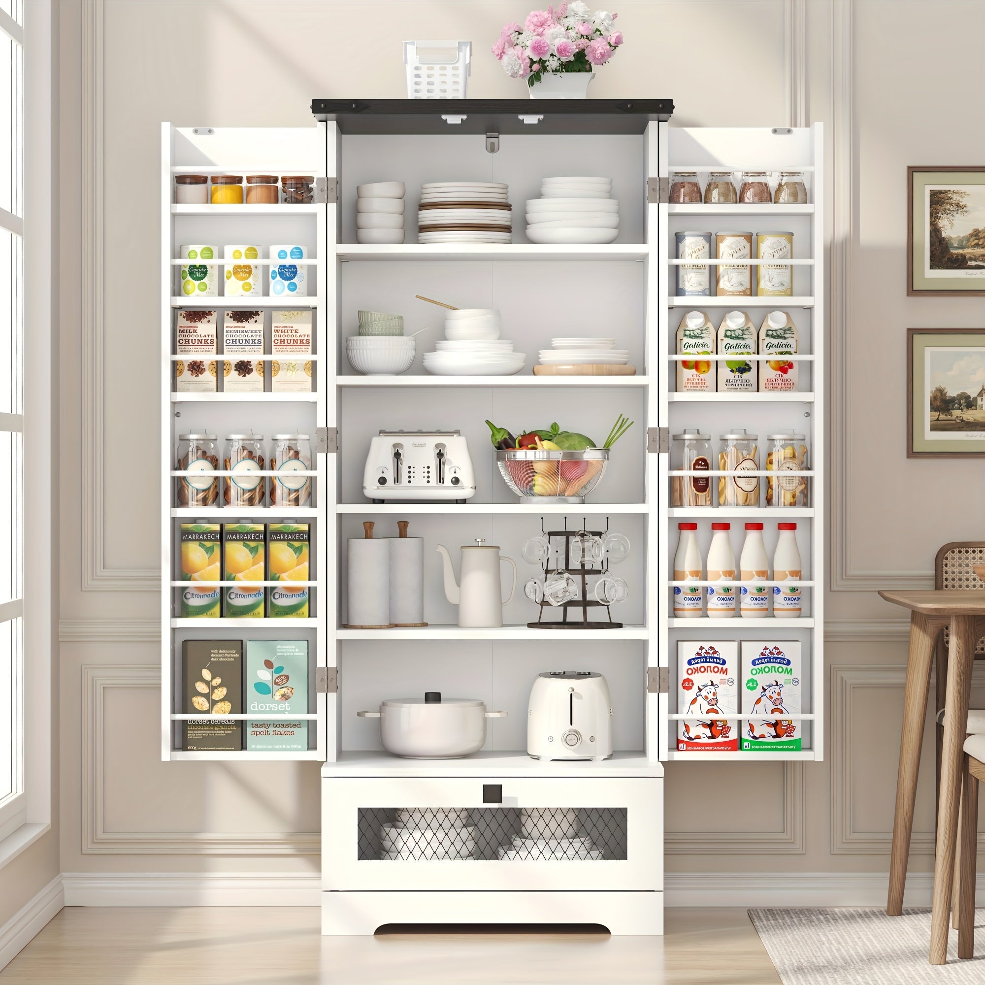 55'' Pantry Cabinet, Kitchen Pantry Storage Cabinet With Adjustable Shelves And Drawer, Wooden Kitchen Storage Cabinet, Buffet Cupboards Cabinet For Kitchen, Living Room, Bathroom, Dining Room, Storage Drawer Units