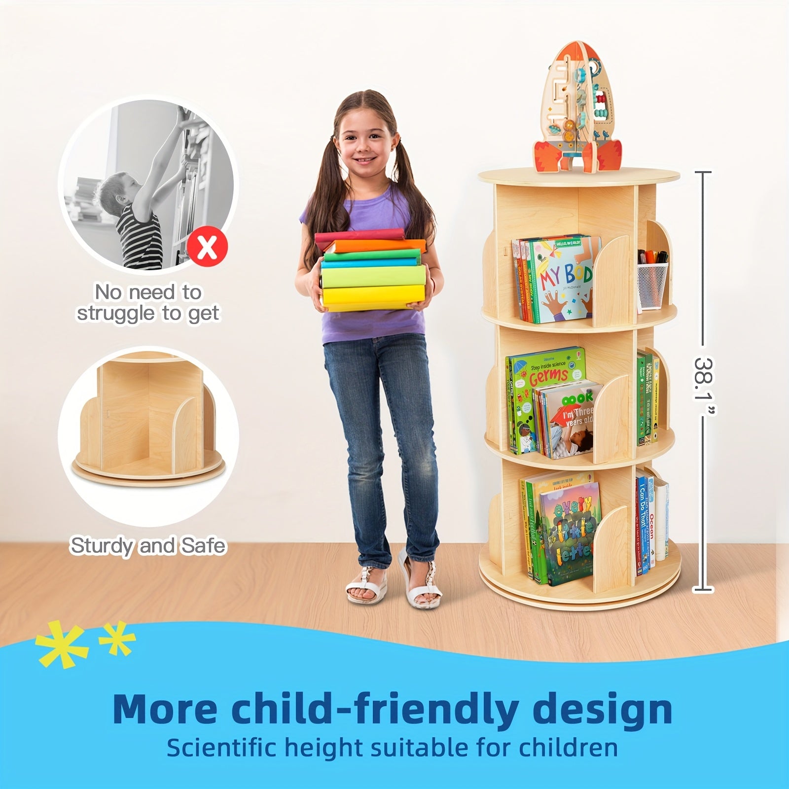 Kids Rotating Bookshelf Tower with 360° Spin, Large Floor-Standing Bookcase with Corner Shelf for Nursery, Room, Small Spaces - Easy Assembly, Wood Color, Plywood\u002FPine\u002FMDF, - Rounded Edges