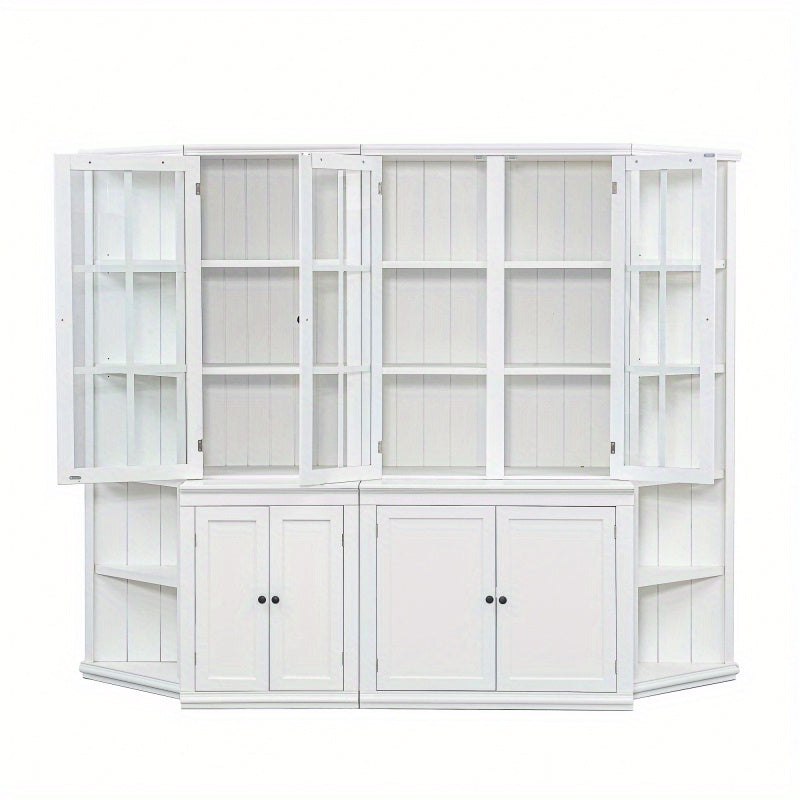75.25'' Tall Display Cabinets and Two Triangle Sided Bookshelves 92.9'' Wide Retro Style Wall Suit with Glass Doors for Hallways Living room Office Studio or Workspace White