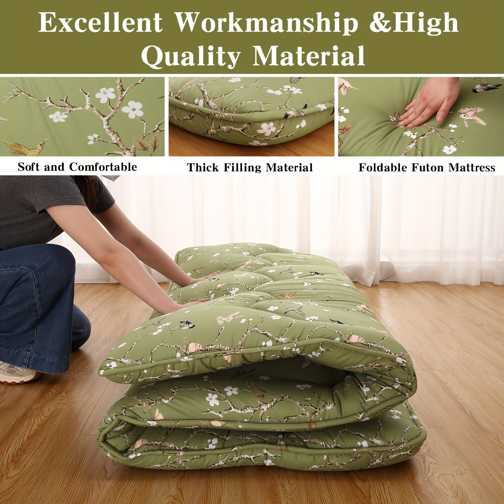 Japanese Futon Mattress, Floral Pattern Floor Mattress, Tatami Mat, Sleeping Pad For Camping And Travel