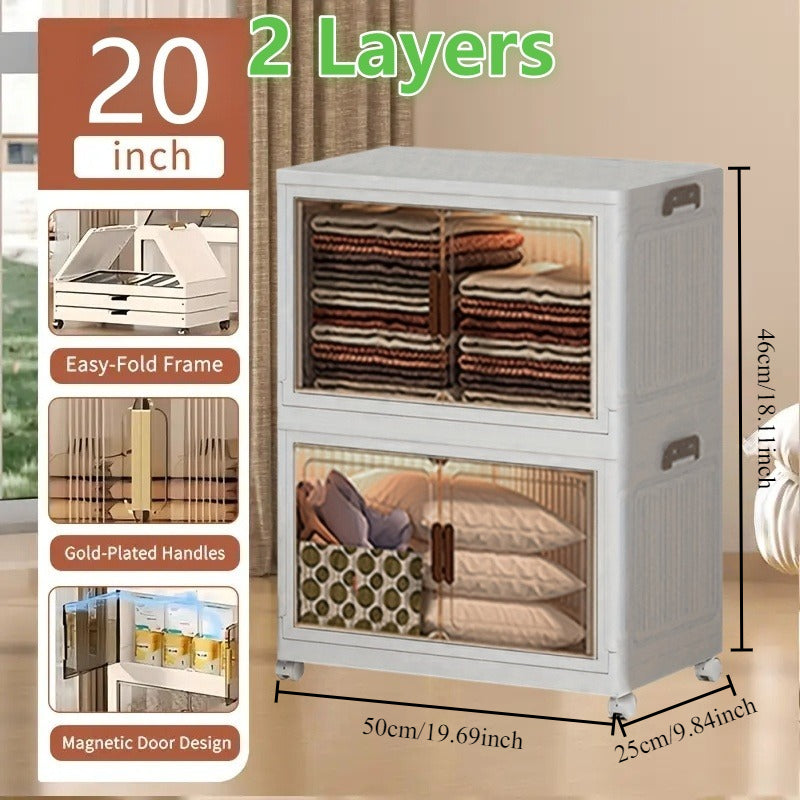 1\u002F2\u002F3\u002F4\u002F5\u002F6-Tier Extra Large Collapsible Storage Cabinet with Locking Doors - Heavy-Duty PVC Plastic Stackable Organizer System with 4-Wheel Mobility, Foldable Design & Front Panels for Closet, Bedroom, Office, Kitchen - Space-Sav