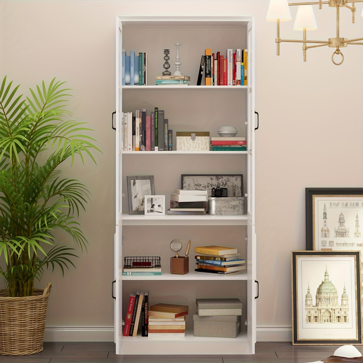 Elegant Bookcase Bookshelf Storage Cabinet with Glass Doors, Large Display Cabinet with Multi Layer Storage Shelves for Living Room And Office, Large Storage Space, White