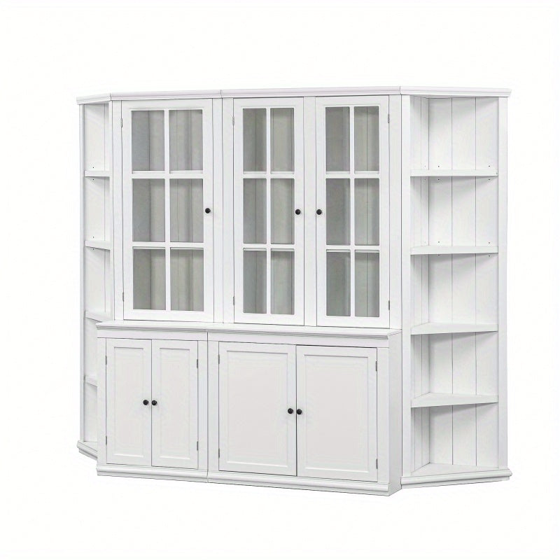 75.25'' Tall Display Cabinets and Two Triangle Sided Bookshelves 92.9'' Wide Retro Style Wall Suit with Glass Doors for Hallways Living room Office Studio or Workspace White