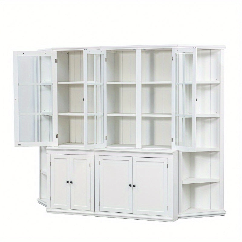75.25'' Tall Display Cabinets and Two Triangle Sided Bookshelves 92.9'' Wide Retro Style Wall Suit with Glass Doors for Hallways Living room Office Studio or Workspace White