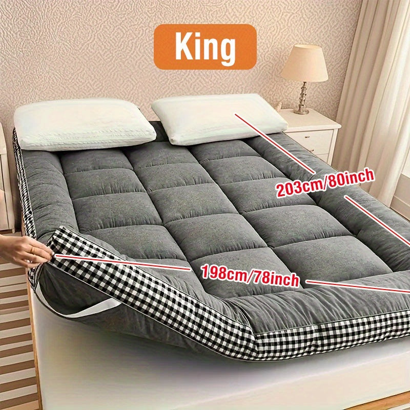 1pc 1200gsm Roll Up Mattress, Blue Green Pink Topper - 3.15-3.94inch Thick Quilted Bed Topper With Checkered Border, Thick Tatami Mat Sleeping Pad, Machine Washable, For Sofa Bed, Guest Room, Home Decor, Sofa Bed Mattress, Best Gifts For Family