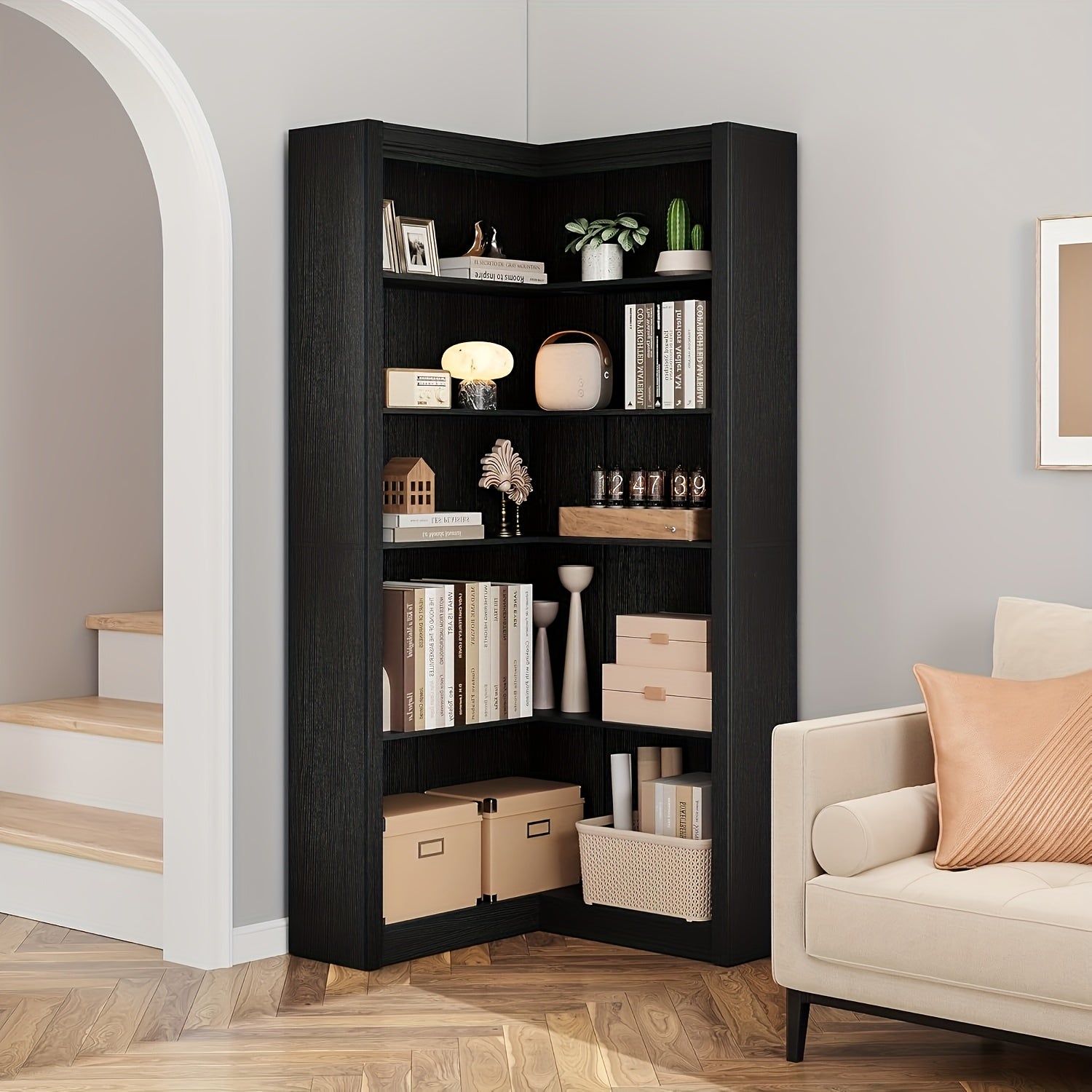 Cabihome 71. 8-inch Corner Panel Bookcase Bookshelf, 5-layer Freestanding Display Rack with Open Storage Space, Easy to Assemble, Suitable for Living Room, Bedroom, Office (Original Wood\u002F Black\u002F Vintage Color)