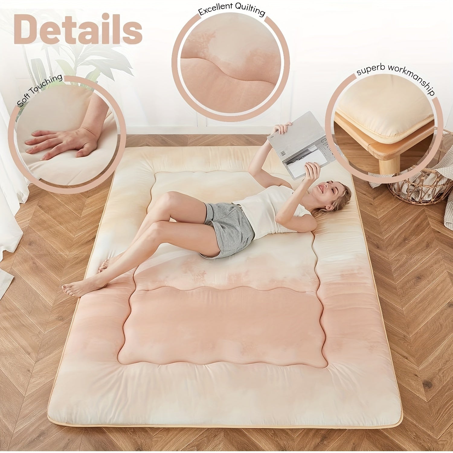 Cream Gradient Japanese Futon Mattress with Portable Storage Bag – Thick Roll-Up Tatami for Camping, Guest Room, or Home Use, Memory Foam Comfort, Hand Wash Only, Versatile Floor Mattress | Modern Aesthetic | Soft Texture Surface