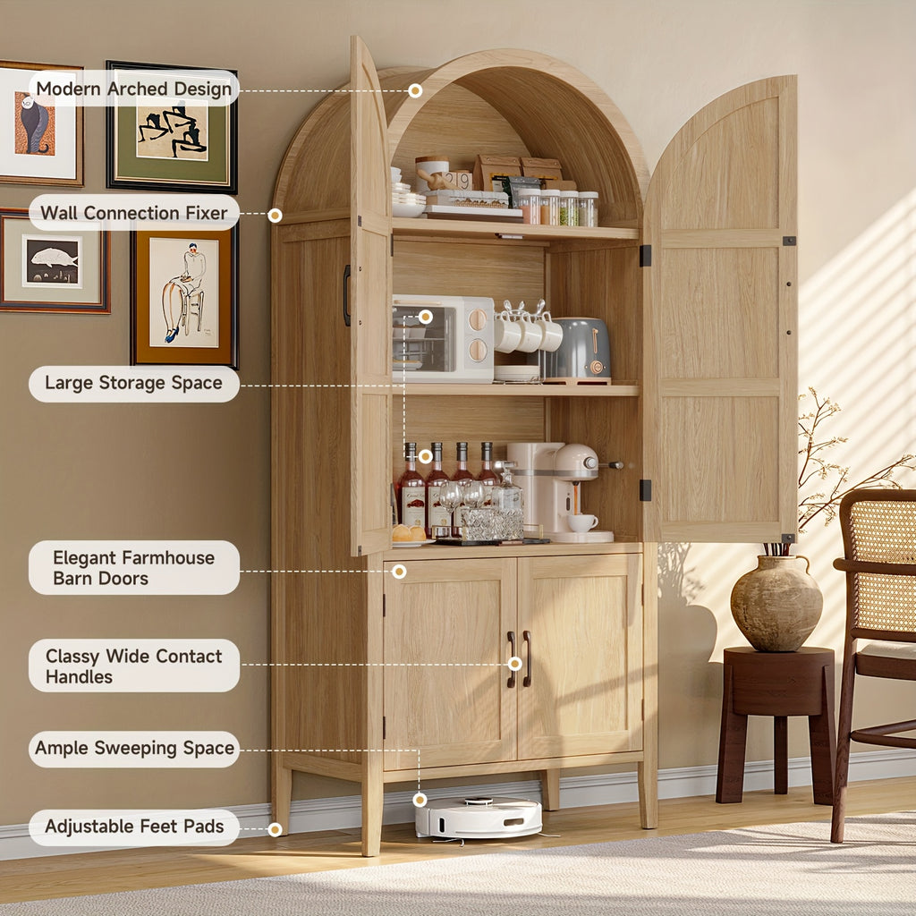 71 Inch Tall Arched Kitchen Pantry Cabinet, Modern Farmhouse Wooden Kitchen Storage Cabinet with Doors And Shelves with Adjustable Feet for Kitchen, Dining Room, Living Room, Oak, Black, Off-White, Kitchen Cabinets, Pantry Cabinet for Kitchen