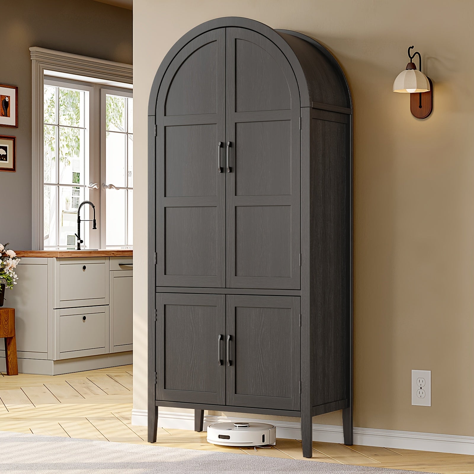 71 Inch Tall Arched Kitchen Pantry Cabinet, Modern Farmhouse Wooden Kitchen Storage Cabinet with Doors And Shelves with Adjustable Feet for Kitchen, Dining Room, Living Room, Oak, Black, Off-White, Kitchen Cabinets, Pantry Cabinet for Kitchen