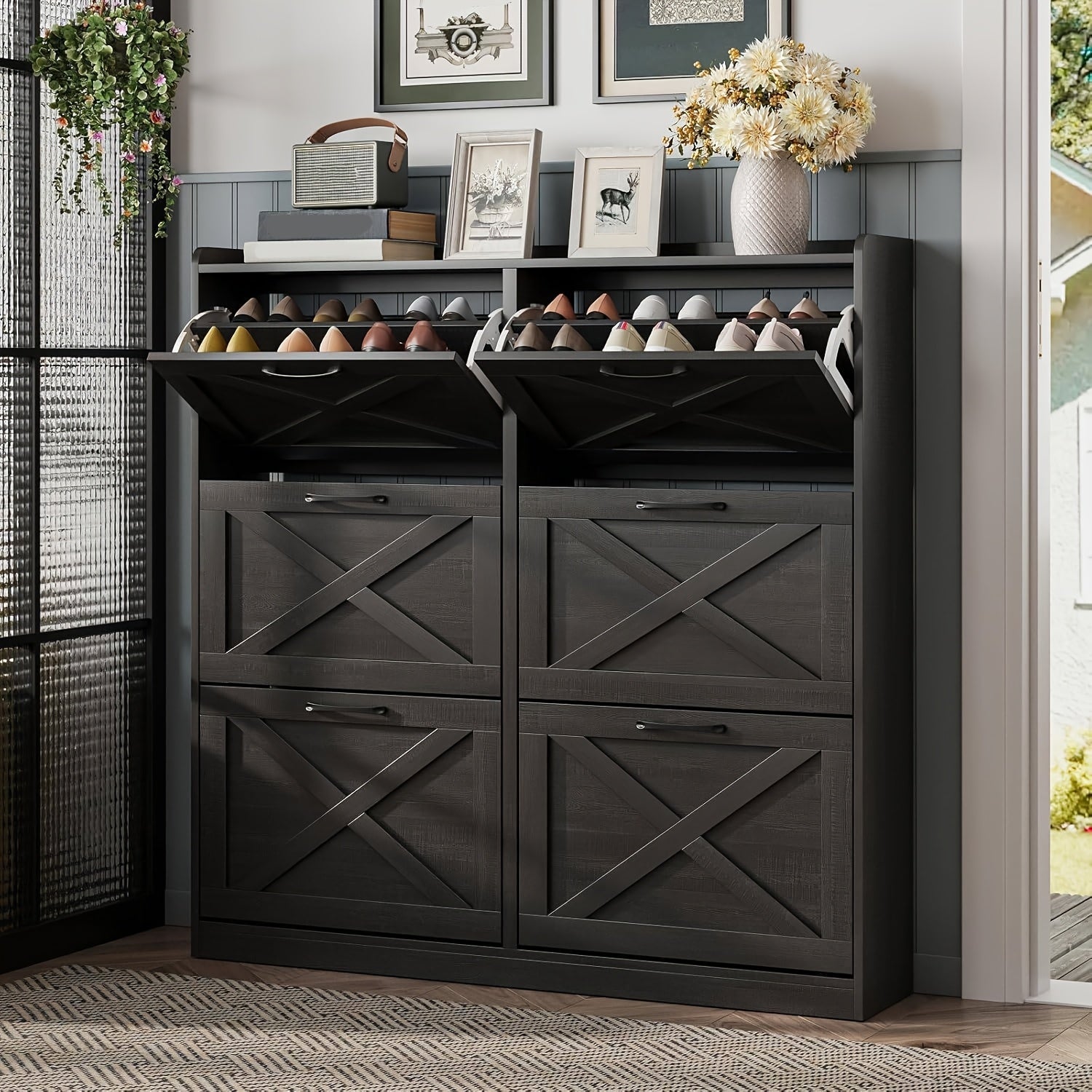 Washed Gray Shoe Storage Cabinet With 6 Flip Drawers - Narrow Freestanding Shoe Cabinet And Shoe Storage Organizer With Metal Handles For Entryway, Large Shoe Rack Organizer, Modern Farmhouse Shoe Rack, Ideal For Shoe Racks