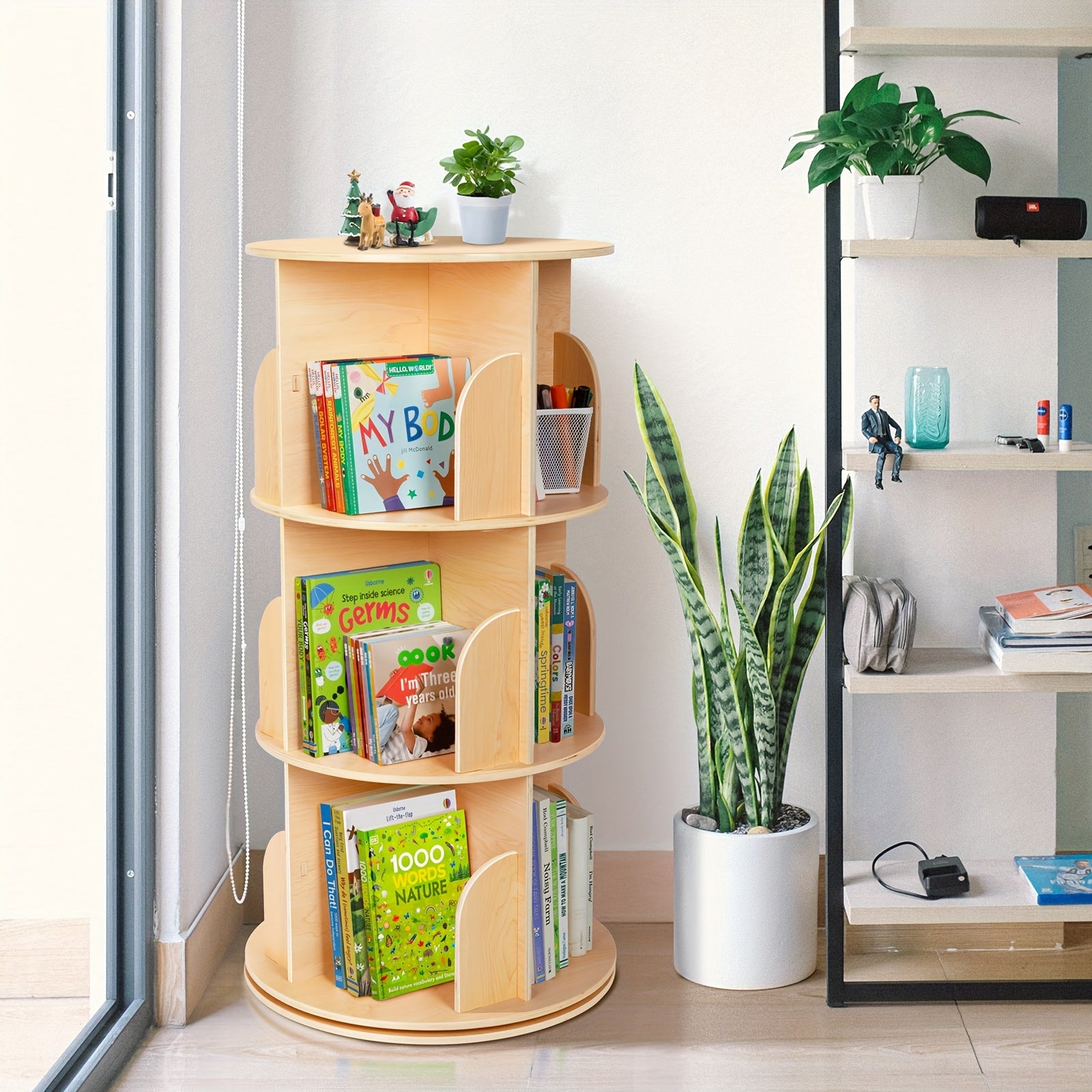Kids Rotating Bookshelf Tower with 360° Spin, Large Floor-Standing Bookcase with Corner Shelf for Nursery, Room, Small Spaces - Easy Assembly, Wood Color, Plywood\u002FPine\u002FMDF, - Rounded Edges