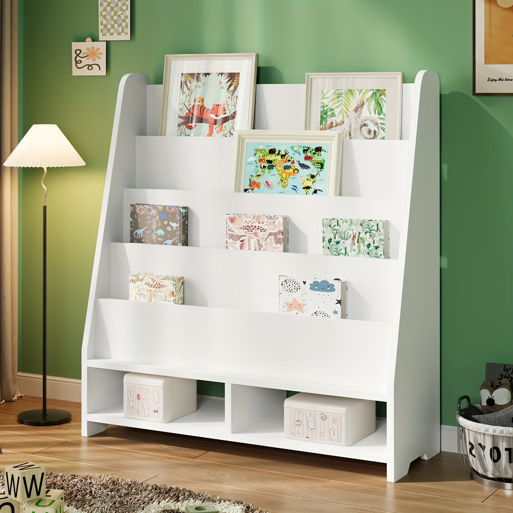 A Six-Tier Wooden Bookshelf with Storage Cabinets, Suitable for Displaying Toys And Books in Rooms, Nurseries, Playrooms, And Classrooms, in White., Classroom Storage | Minimalist Bookshelf | Metal Construction