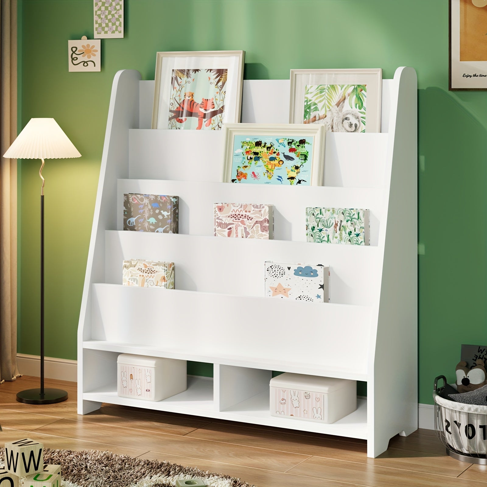 A Six-Tier Wooden Bookshelf with Storage Cabinets, Suitable for Displaying Toys And Books in Rooms, Nurseries, Playrooms, And Classrooms, in White., Classroom Storage | Minimalist Bookshelf | Metal Construction