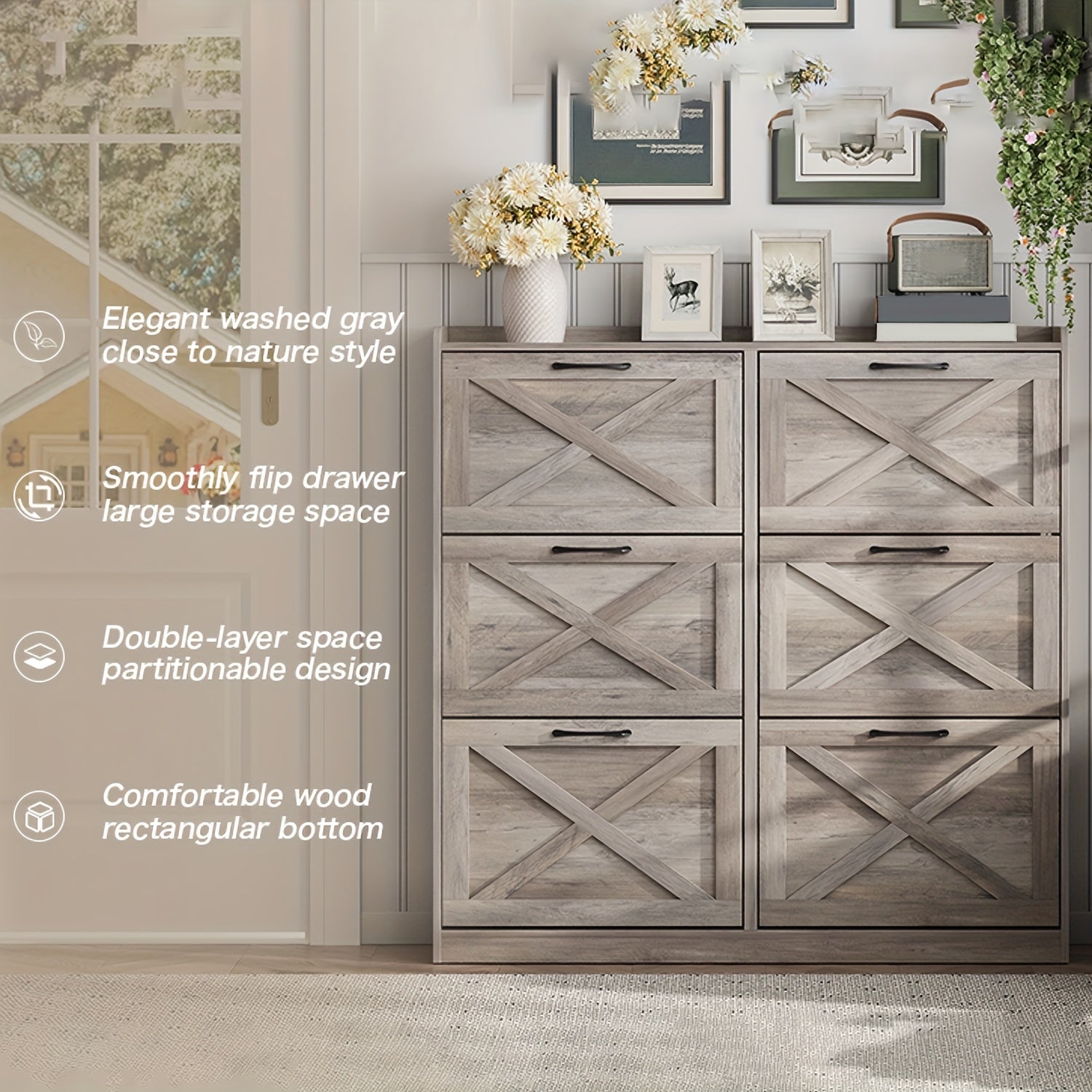 Washed Gray Shoe Storage Cabinet With 6 Flip Drawers - Narrow Freestanding Shoe Cabinet And Shoe Storage Organizer With Metal Handles For Entryway, Large Shoe Rack Organizer, Modern Farmhouse Shoe Rack, Ideal For Shoe Racks