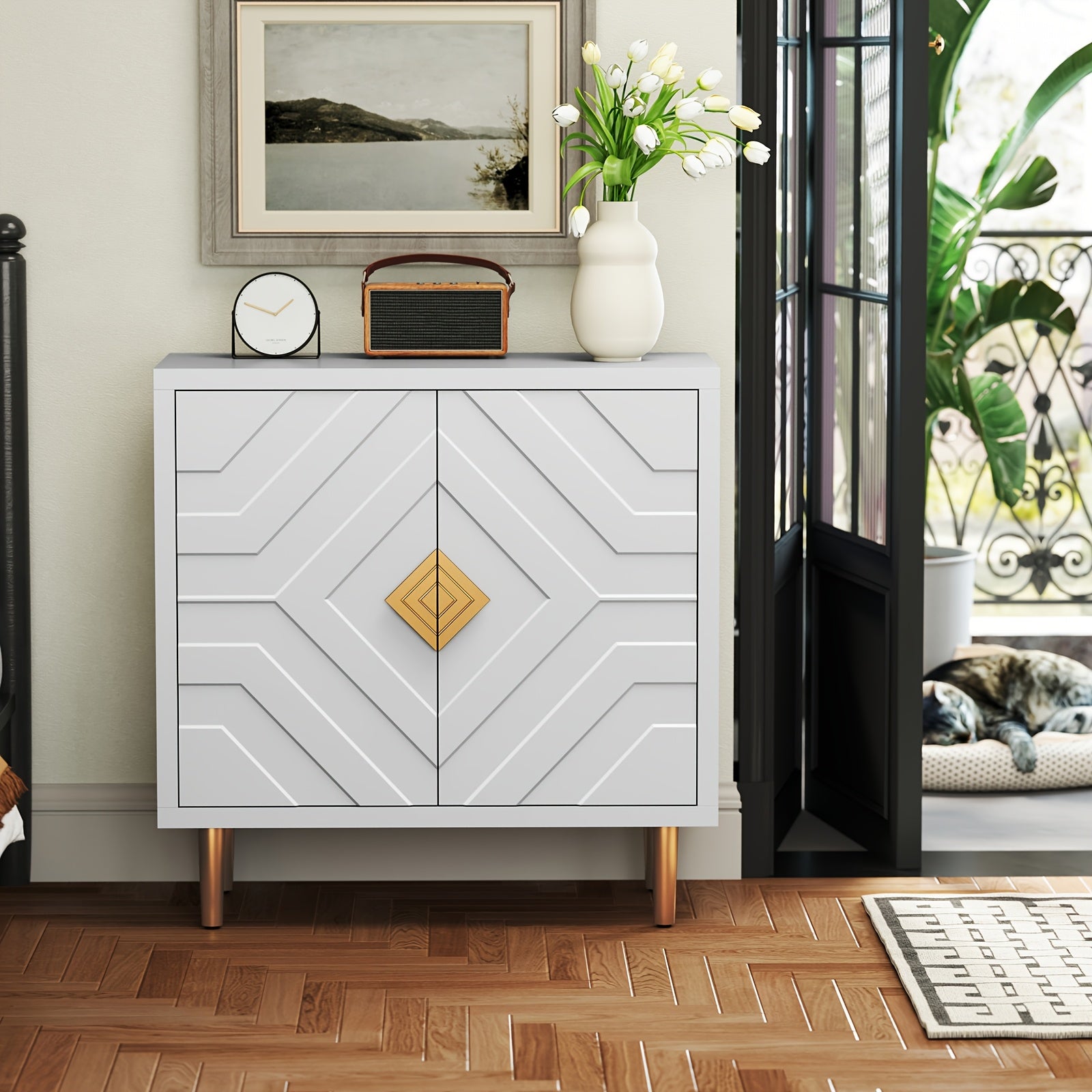 Sideboard Storage Cabinet With 2 Doors, Accent Cabinet With Decorative Embossed Pattern Doors, Sideboard Buffet Cabinet For Living Room, Kitchen, Dining Room, Hallway