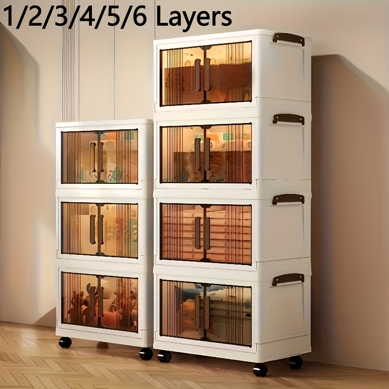 1\u002F2\u002F3\u002F4\u002F5\u002F6-Tier Extra Large Collapsible Storage Cabinet with Locking Doors - Heavy-Duty PVC Plastic Stackable Organizer System with 4-Wheel Mobility, Foldable Design & Front Panels for Closet, Bedroom, Office, Kitchen - Space-Sav