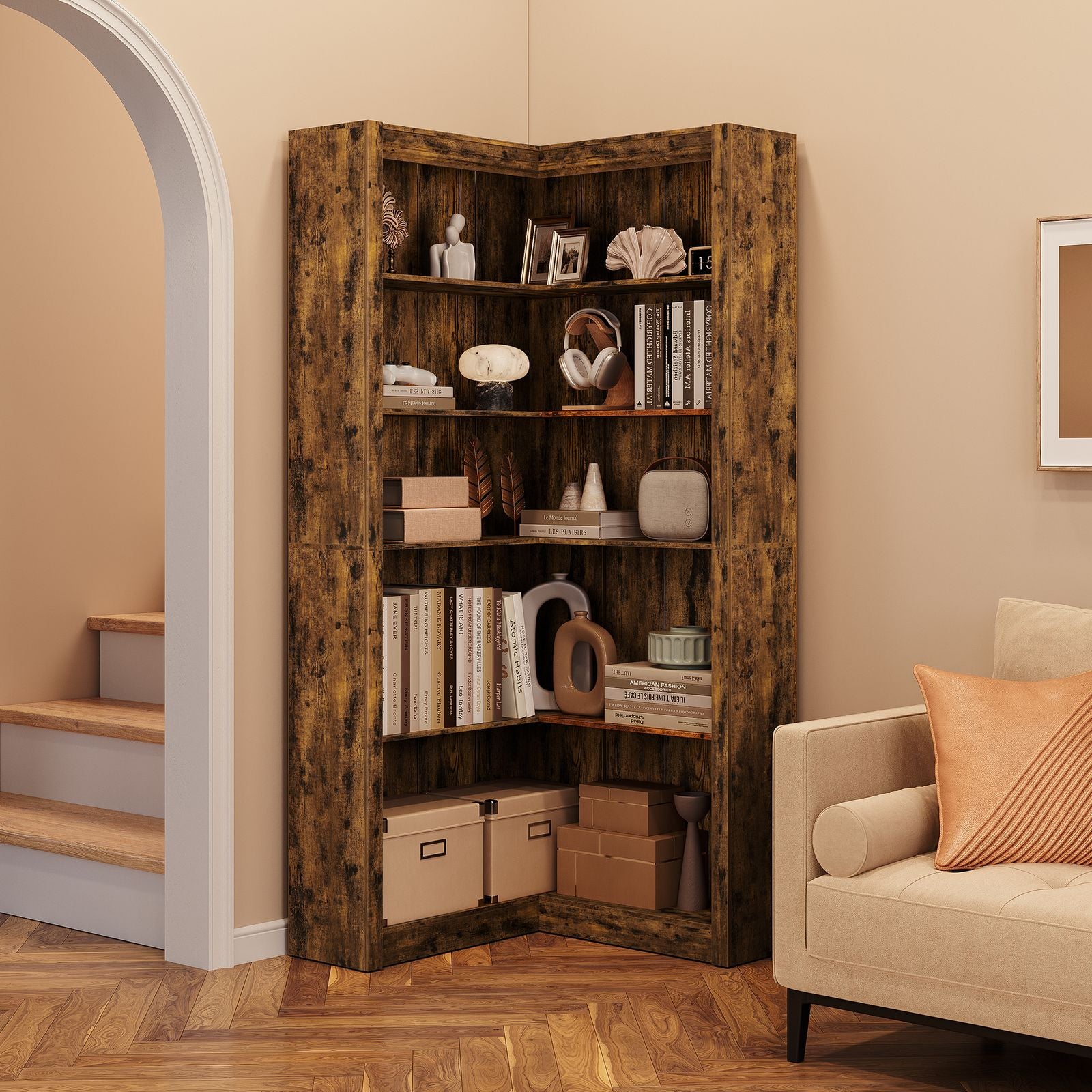 Heavy Duty Corner Bookshelf - Freestanding Storage Shelf with Space-Saving Tiered Design, Sturdy Hardwood Construction, Easy Assembly, Multi-Tier Shelving Unit for Home Office, Living Room, Study - Modern Open Organizer Shelf with -Tip Safety