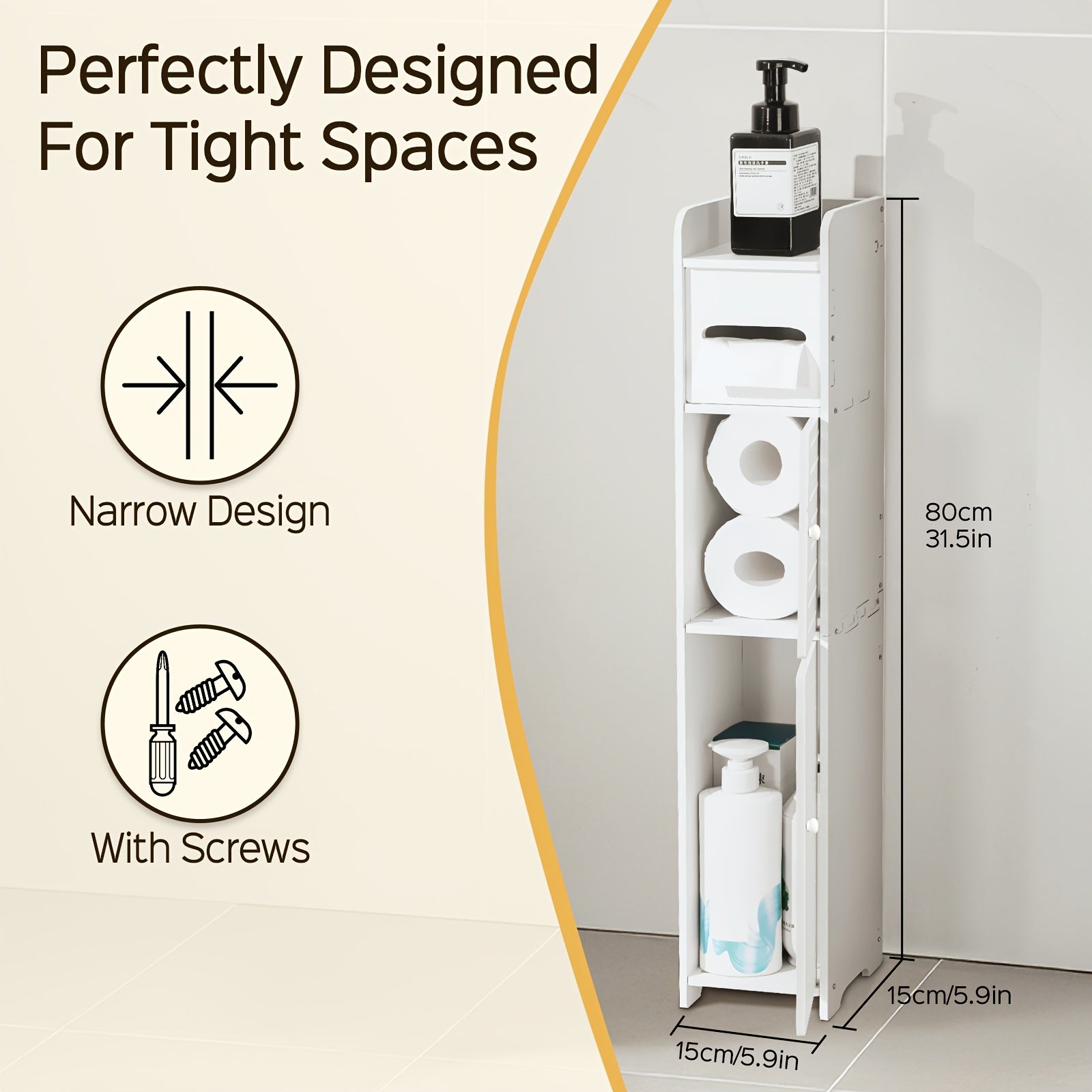 Small Bathroom Storage Cabinet, Slim & Crafed PVC Organizer, Ideal for Tight Spaces, Easy to Assemble & Durable, Multi-purpose Toilet Paper Holder Cabinet for Bathroom, Bedroom & Living Room, Toilet Paper Storage Containers